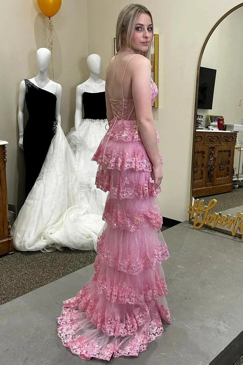 Pink Glitter Appliques Lace-Up Ruffle Tiered Long Dress with Slit - Image 2