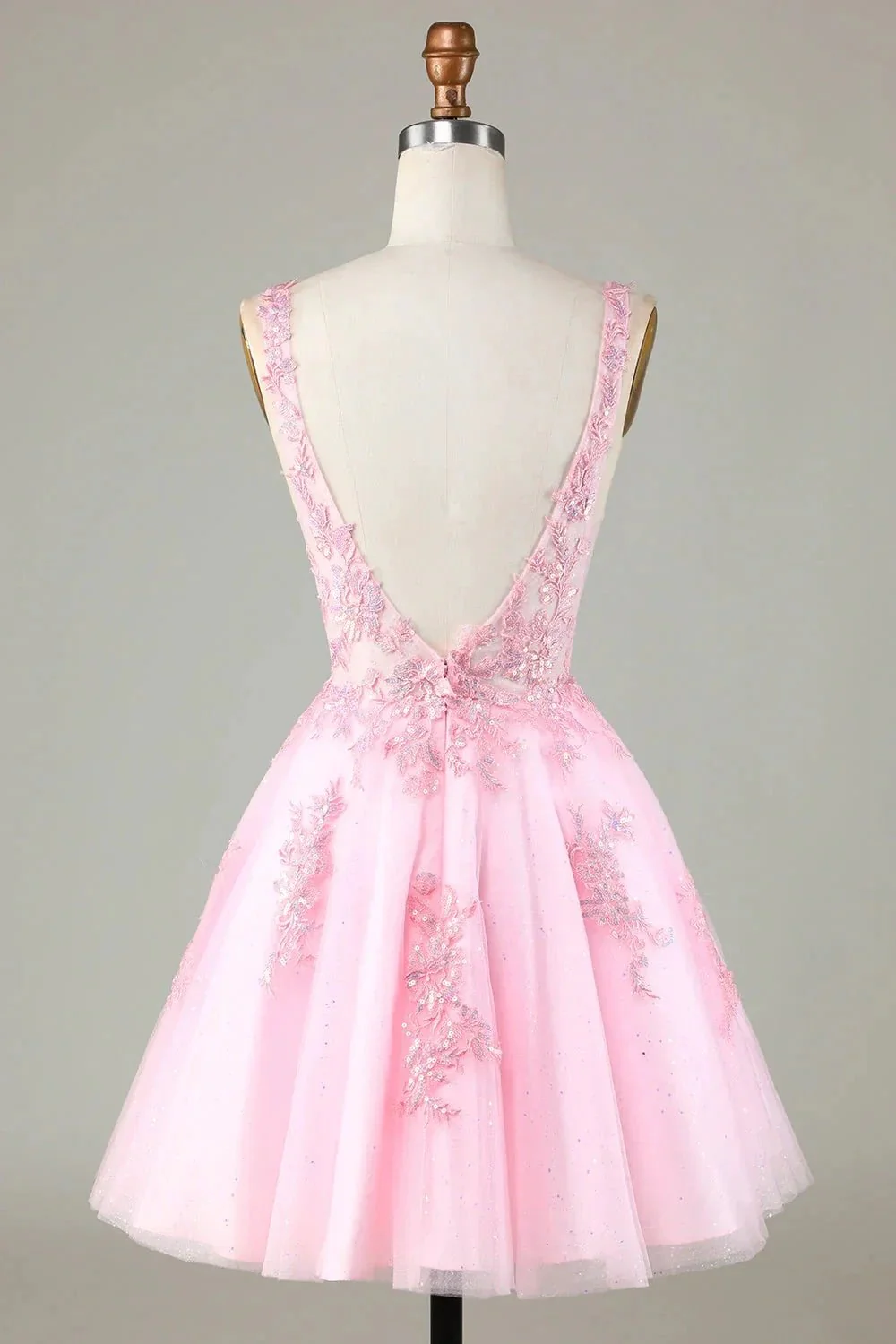Cute Pink Glitter Sequin Short Backless Homecoming Dress with Appliques - Image 2