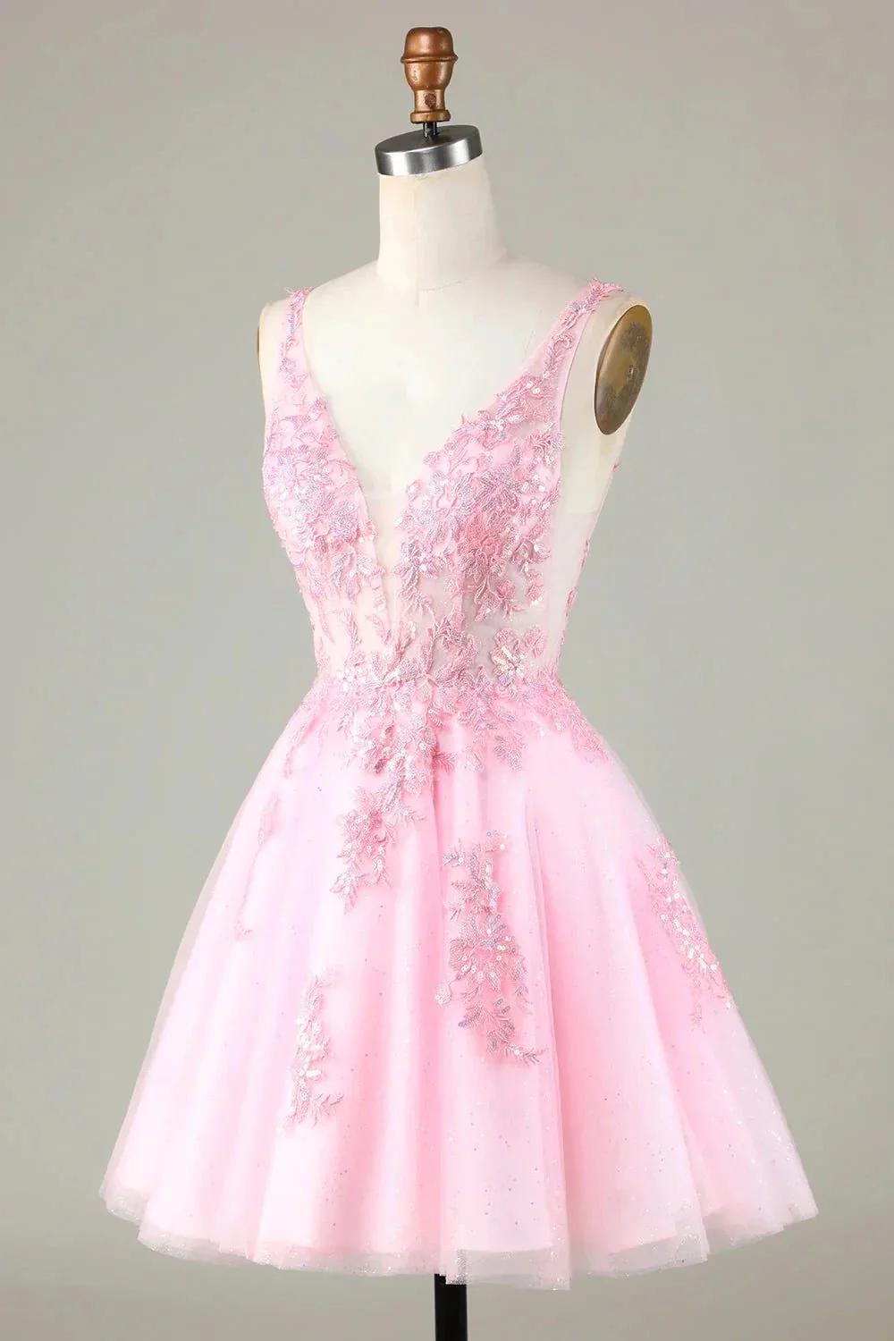 Cute Pink Glitter Sequin Short Backless Homecoming Dress with Appliques - Image 3