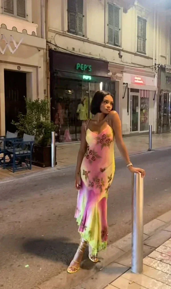 Pink Green Gradient Beaded Spaghetti Strap Chiffon Long Ruffled Evening Dress Party Prom Dress Y8495 - Image 3