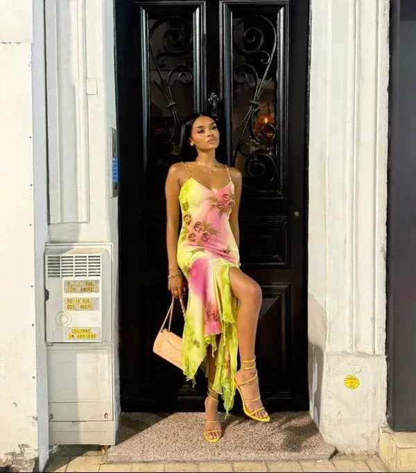 Pink Green Gradient Beaded Spaghetti Strap Chiffon Long Ruffled Evening Dress Party Prom Dress Y8495 - Image 4