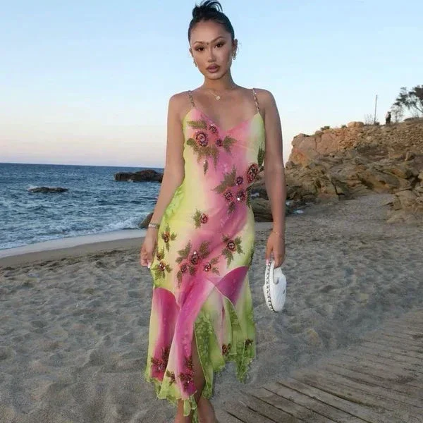 Pink Green Gradient Beaded Spaghetti Strap Chiffon Long Ruffled Evening Dress Party Prom Dress Y8495 - Image 7