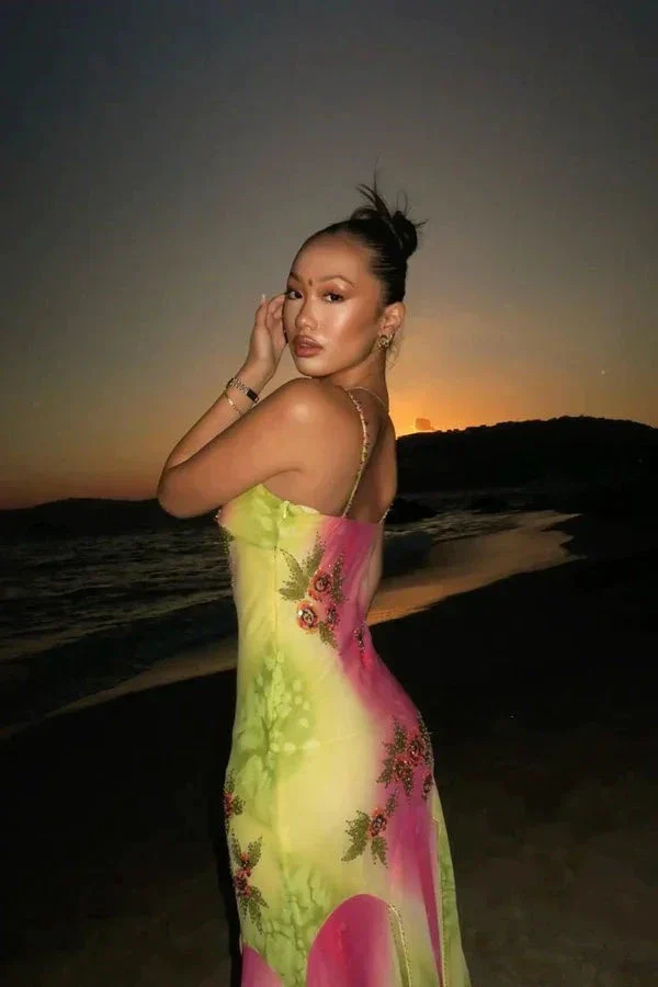 Pink Green Gradient Beaded Spaghetti Strap Chiffon Long Ruffled Evening Dress Party Prom Dress Y8495 - Image 8