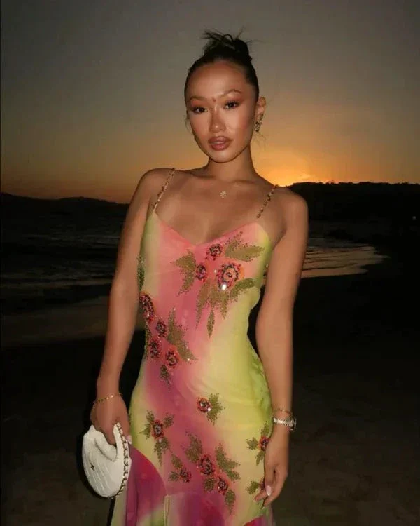Pink Green Gradient Beaded Spaghetti Strap Chiffon Long Ruffled Evening Dress Party Prom Dress Y8495 - Image 9