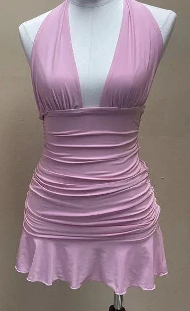 Pink Halter Deep V Neck Homecoming Dress Y2594 - Image 2
