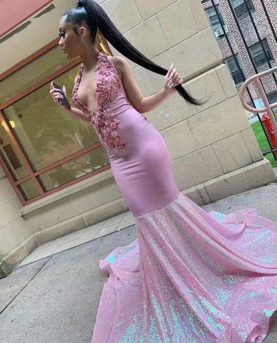 Pink Halter Neck Long Prom Dress For Black Girls Appliques Birthday Party Gowns Sequin Mermaid Evening Dress Y6379 - Image 2