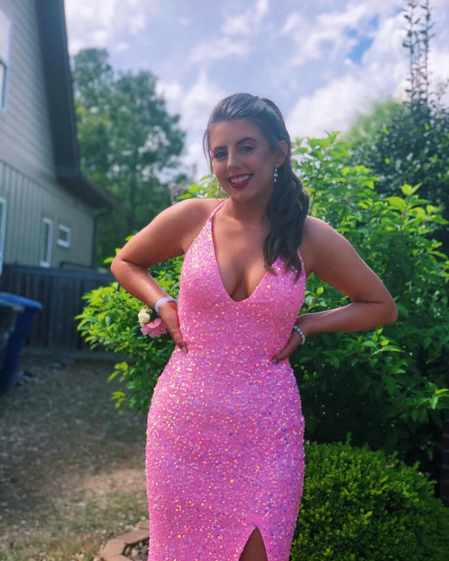 Pink Halter Neckline Sequins Prom Dress Sexy Evening Dress Side Slit Y268 - Image 2