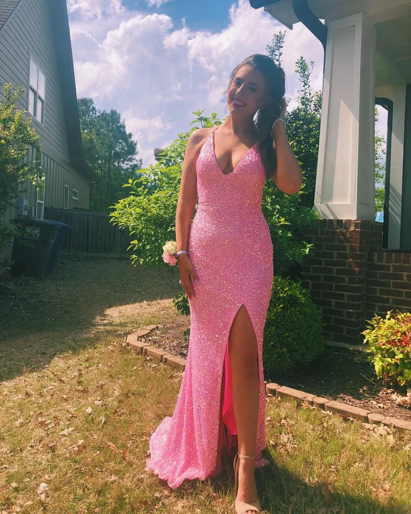 Pink Halter Neckline Sequins Prom Dress Sexy Evening Dress Side Slit Y268 - Image 3
