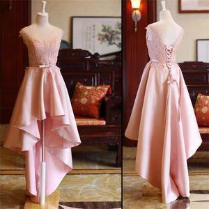 Pink High Low Scoop Lace Up Mid Back Satin Sleeveless Prom Dresses - Image 2