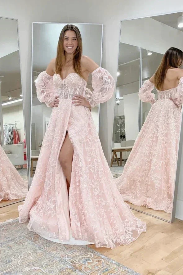 Pink lace sequins long prom dress pink evening dress Y245 - Image 2