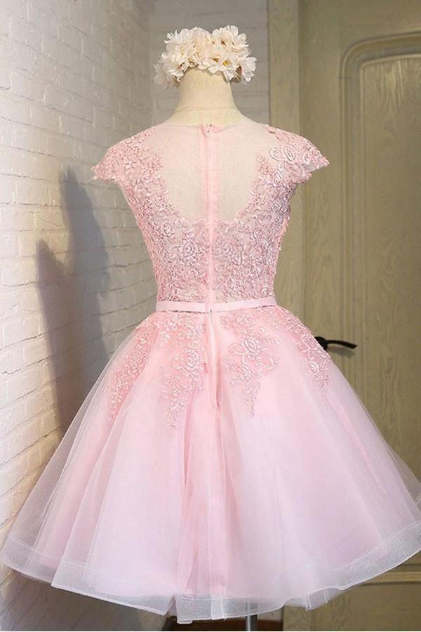 Pink Lace Short Tulle Homecoming Dresses Party Dresses with Cap Sleeves  PG138 - Image 2