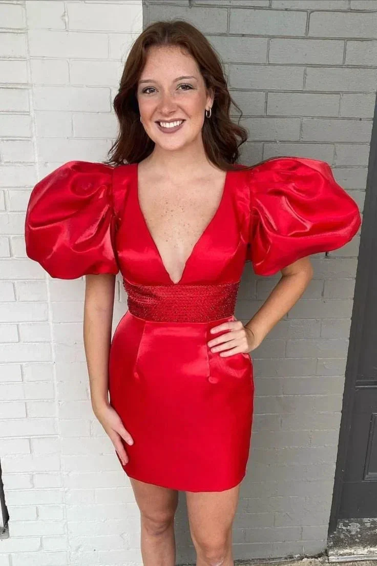 Red Satin Homecoming Dress with Puff Sleeves Red Party Dress Y2296 - Image 2