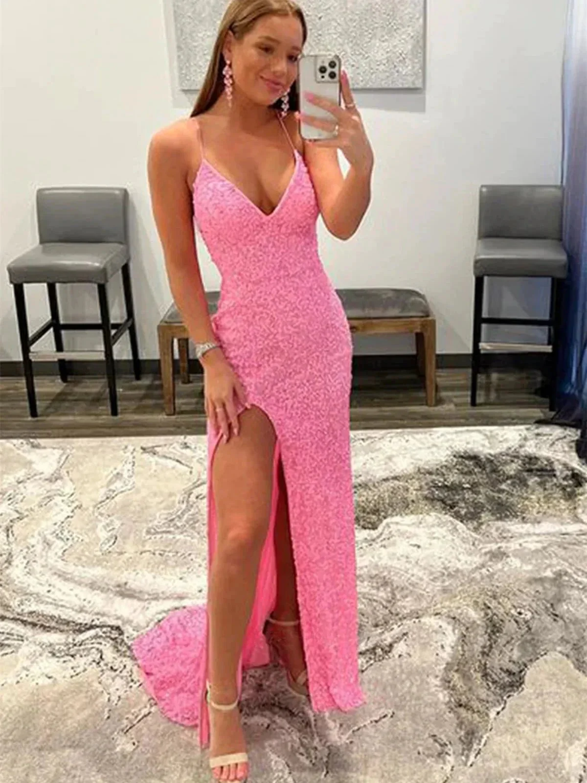 Pink Long Mermaid Sequins V Neck Backless Prom Dresses with Slit - Image 2