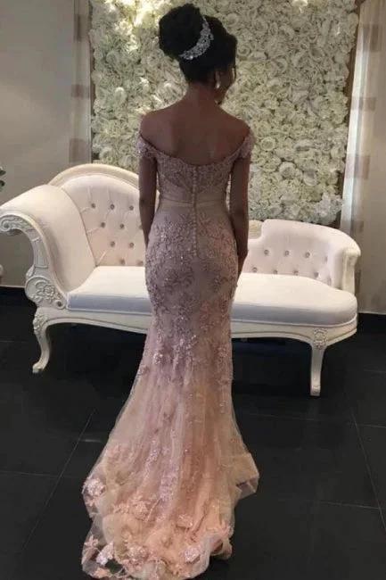 Pink Long Off-the-shouder Glitter Lace Mermaid Prom Dresses - Image 2