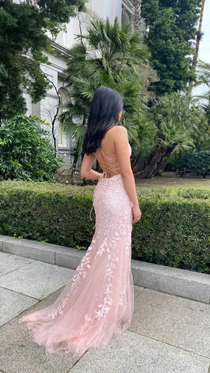 Pink Mermaid Lace Tulle Prom Dress Lace-up Back Evening Dress Y2902 - Image 2