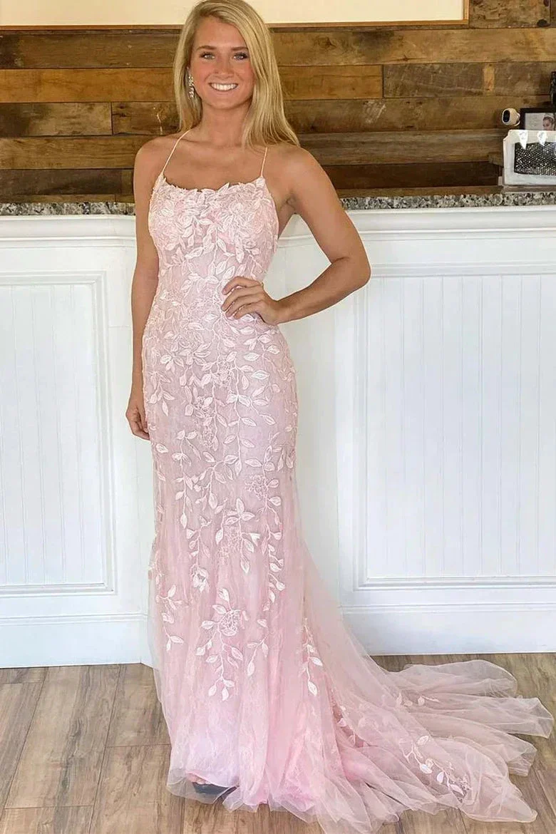 Pink Mermaid Lace Tulle Prom Dress Lace-up Back Evening Dress Y2902 - Image 3