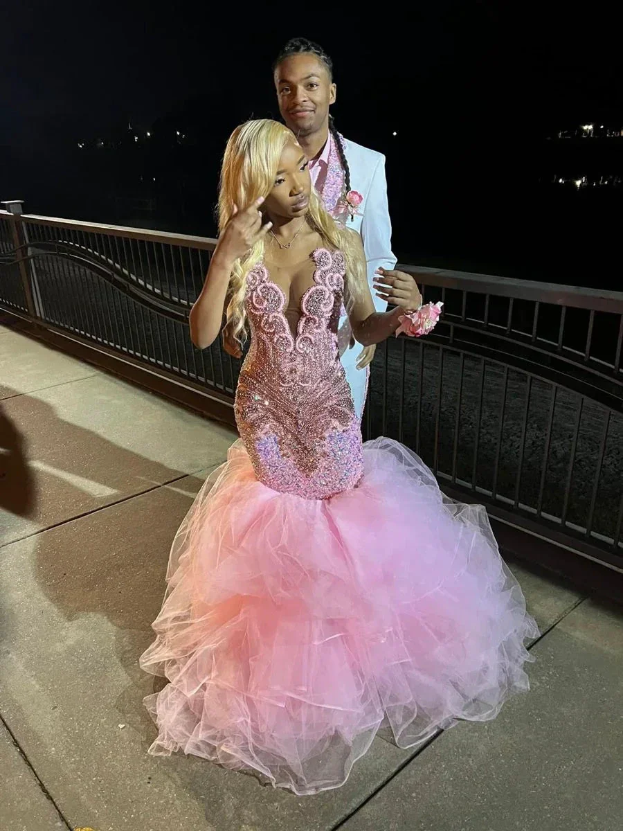 Pink Mermaid Long Evening Dress,Pink Sparkly Evening Gown Y2309 - Image 2