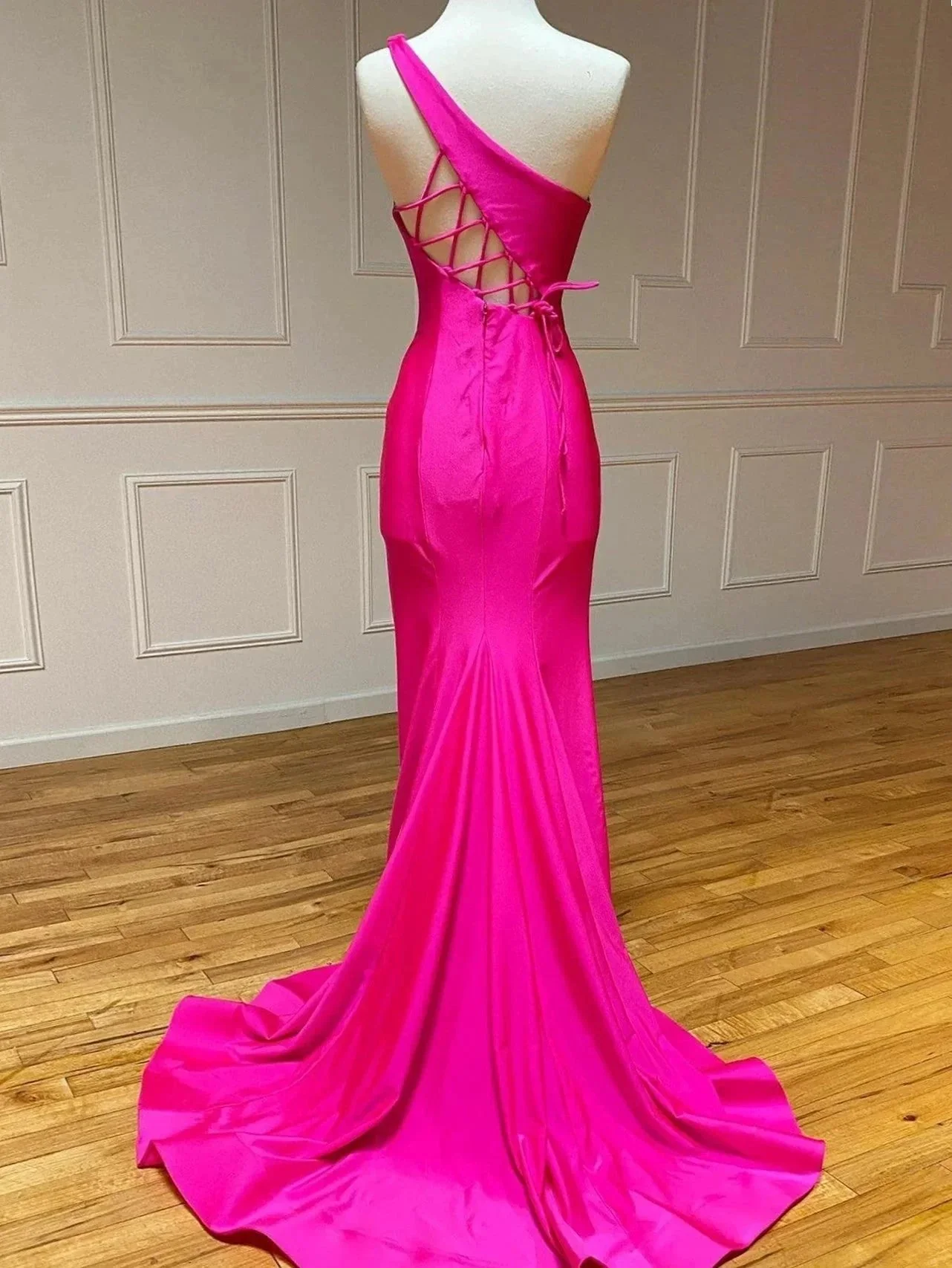 Pink Mermaid One Shoulder Long Prom Dress - Image 2