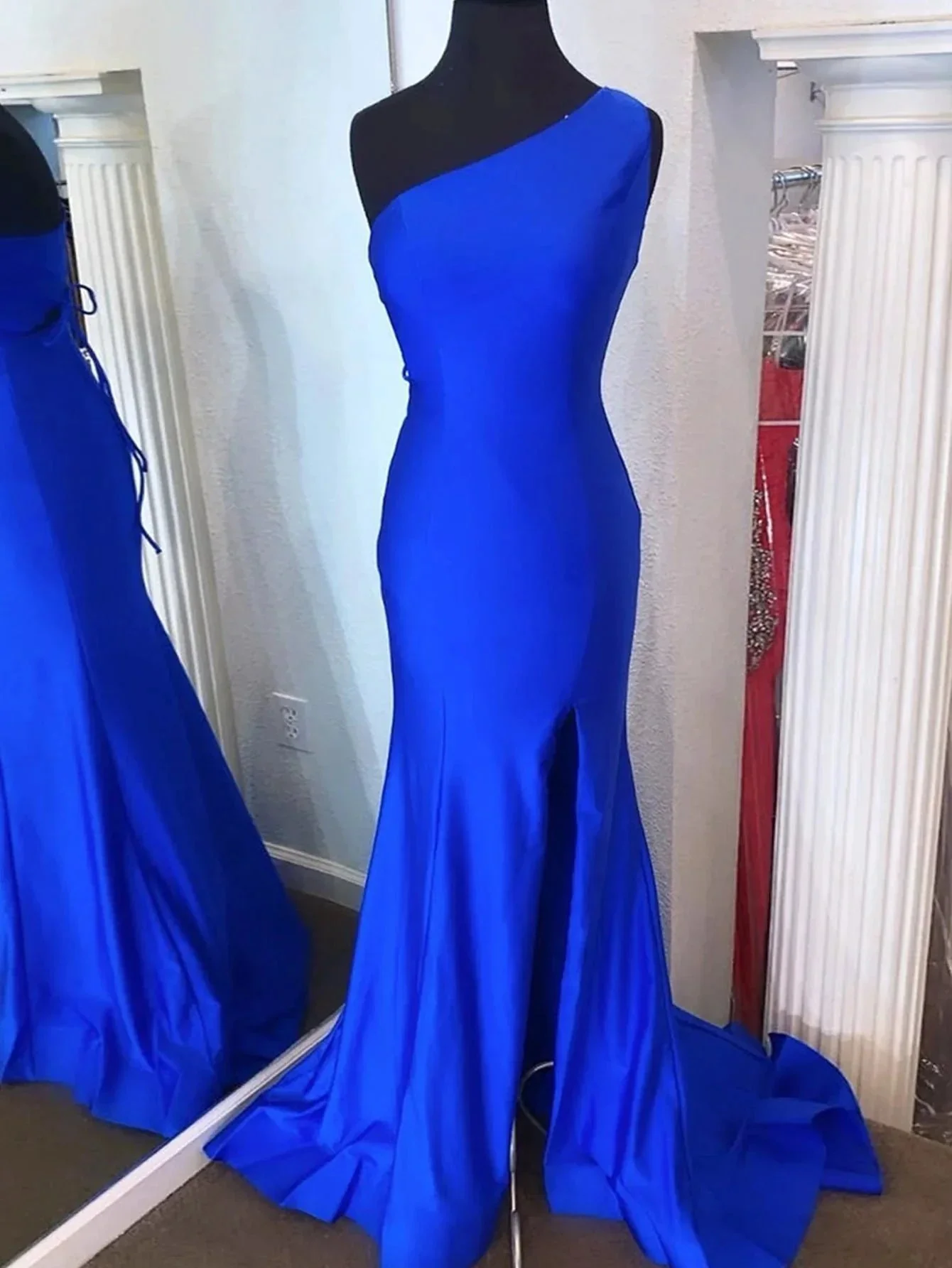 Pink Mermaid One Shoulder Long Prom Dress - Image 4