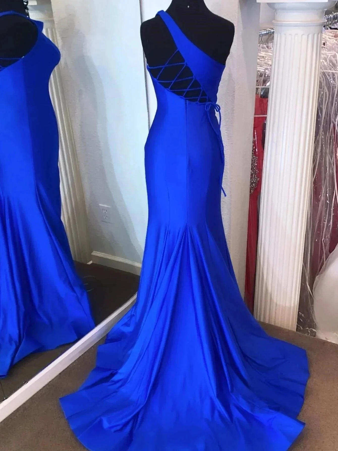 Pink Mermaid One Shoulder Long Prom Dress - Image 5
