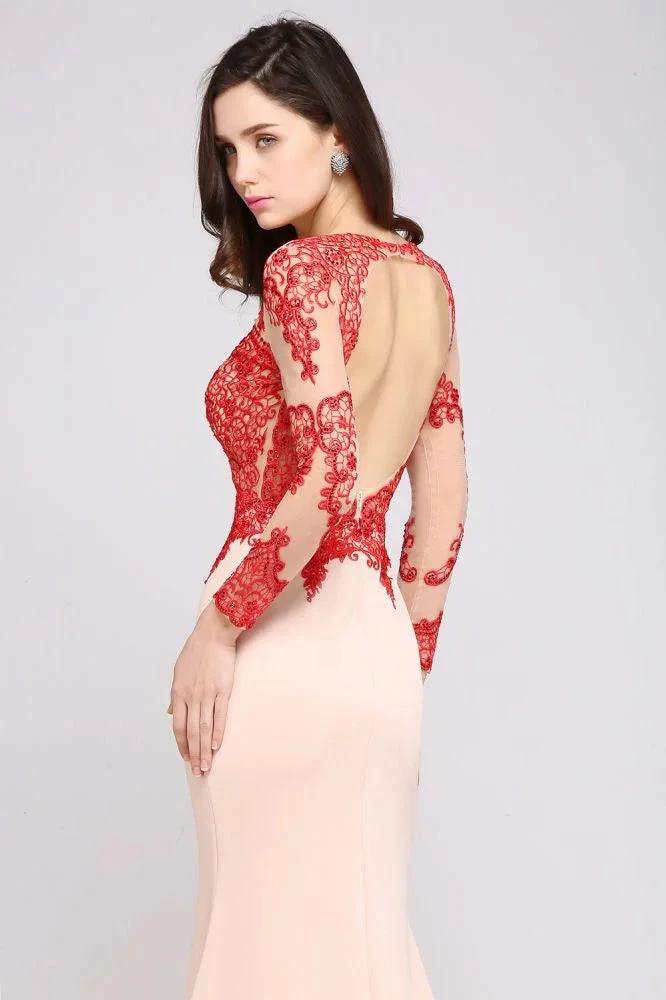 Pink Mermaid Scoop Sweep Train Pretty Evening Dresses with Lace - Image 2