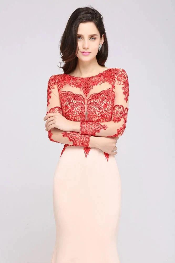 Pink Mermaid Scoop Sweep Train Pretty Evening Dresses with Lace - Image 3