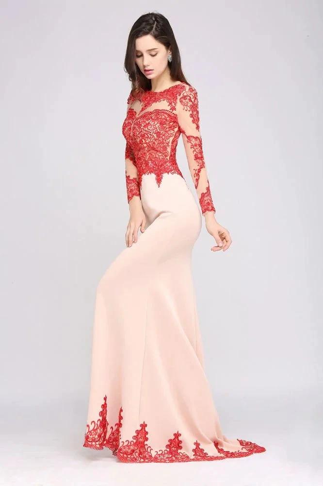 Pink Mermaid Scoop Sweep Train Pretty Evening Dresses with Lace - Image 4