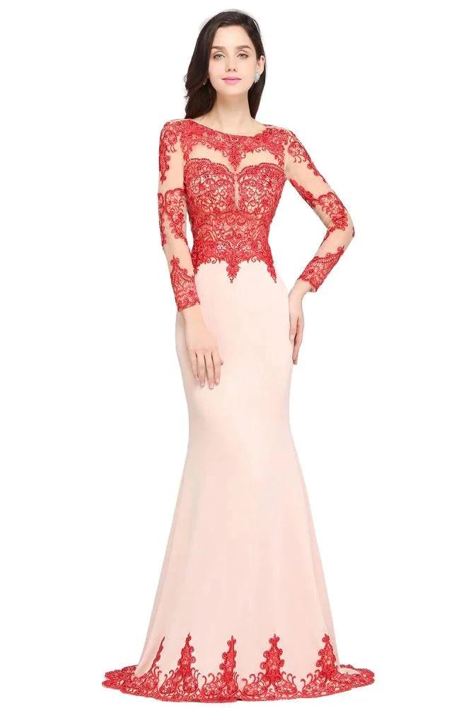 Pink Mermaid Scoop Sweep Train Pretty Evening Dresses with Lace - Image 5
