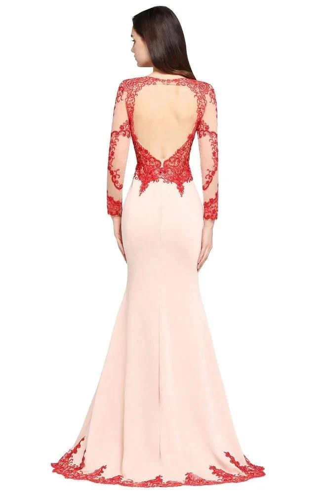 Pink Mermaid Scoop Sweep Train Pretty Evening Dresses with Lace - Image 6