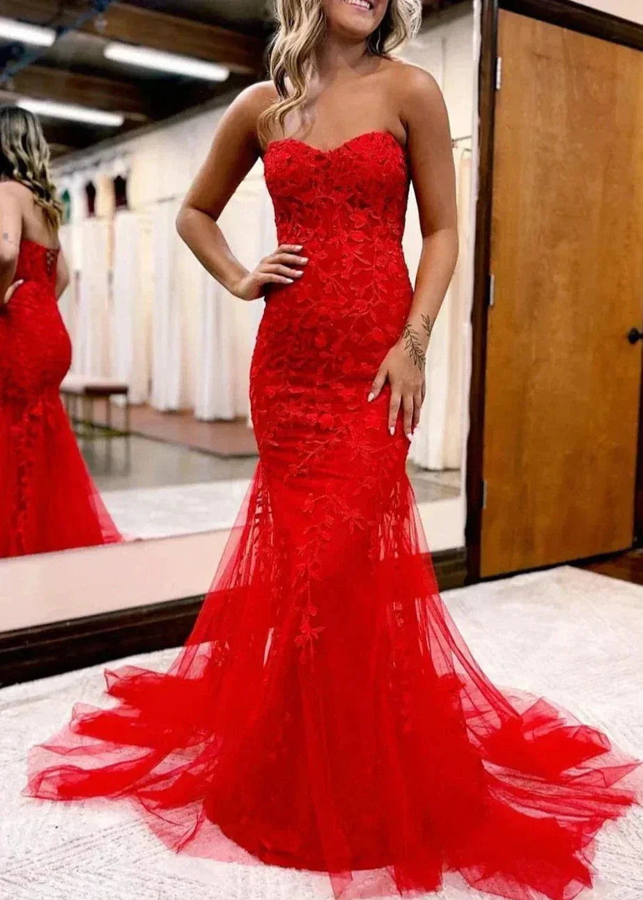 Pink Mermaid Sweetheart Neck Lace Long Prom Dress With Appliques - Image 4