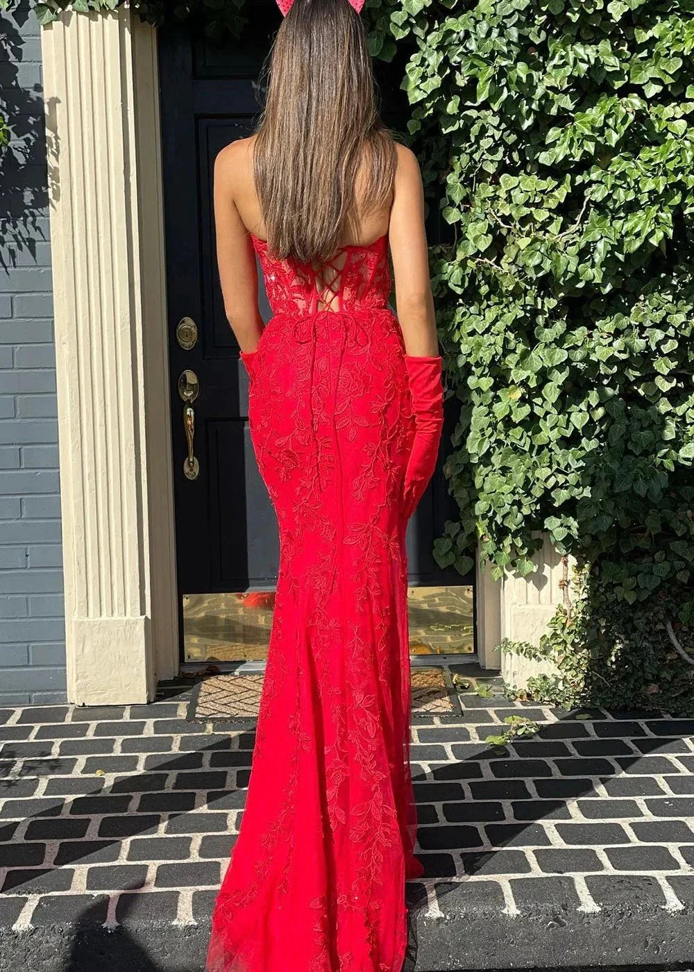Pink Mermaid Sweetheart Neck Lace Long Prom Dress With Appliques - Image 5
