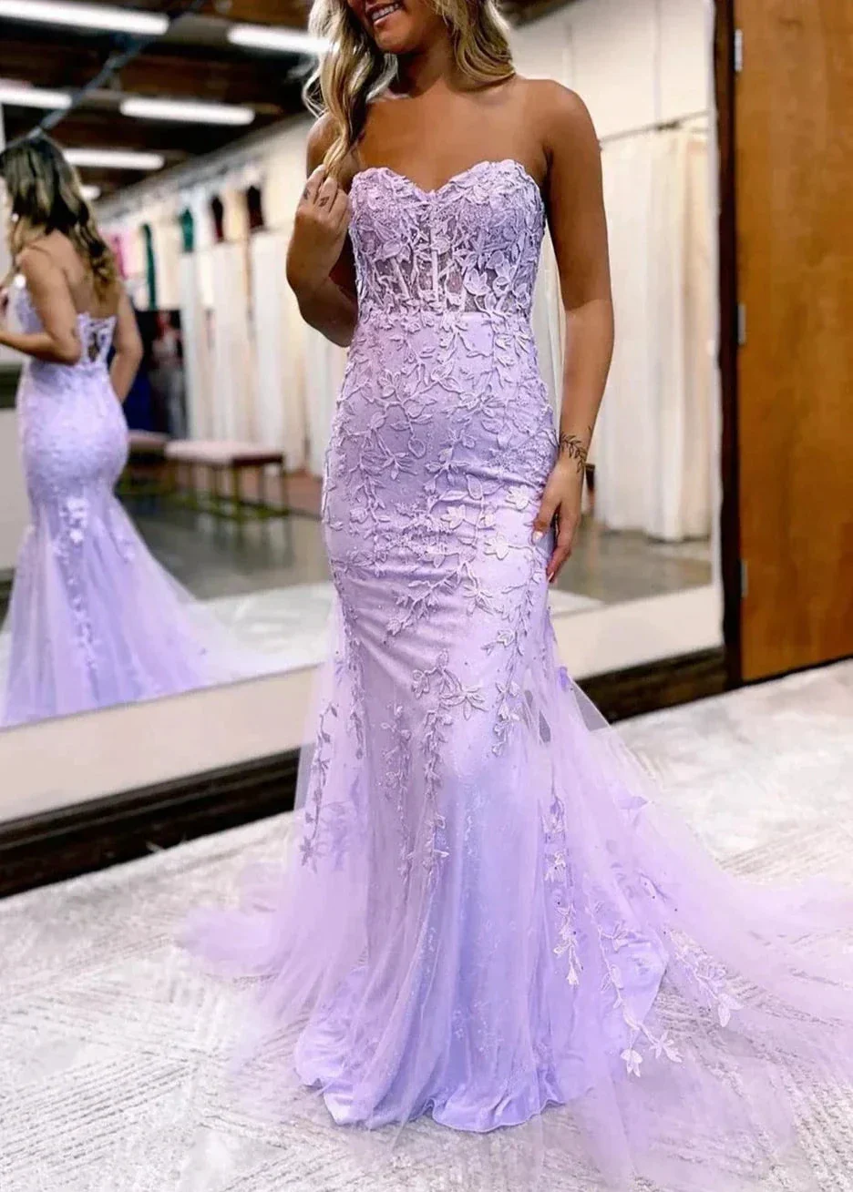 Pink Mermaid Sweetheart Neck Lace Long Prom Dress With Appliques - Image 6