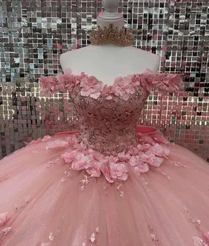 Pink Off Shoulder Ball Gown Quinceanera Dresses 3D Appliques Corset Dress Y6791 - Image 2