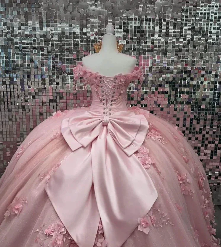 Pink Off Shoulder Ball Gown Quinceanera Dresses 3D Appliques Corset Dress Y6791 - Image 3