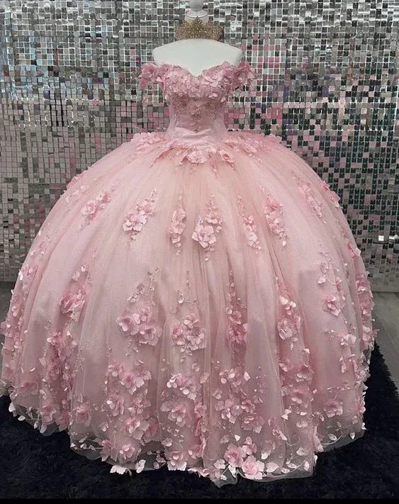 Pink Off Shoulder Ball Gown Quinceanera Dresses 3D Appliques Corset Dress Y6791 - Image 4