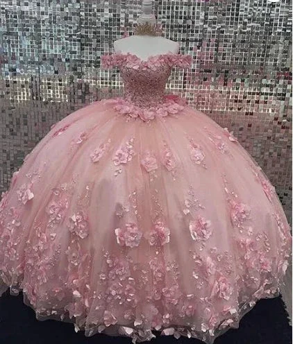 Pink Off Shoulder Ball Gown Quinceanera Dresses 3D Appliques Corset Dress Y6791 - Image 5