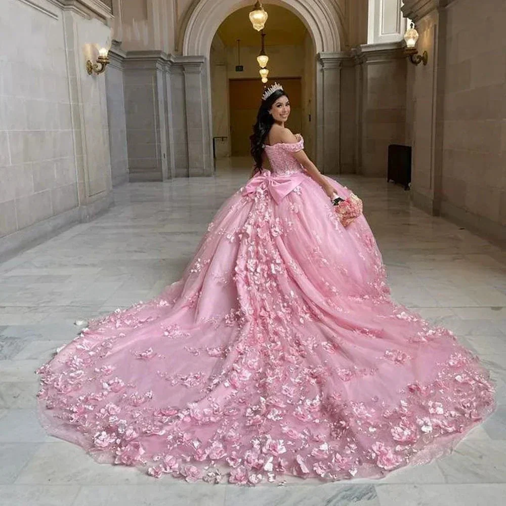 Pink Off Shoulder Ball Gown Quinceanera Dresses 3D Appliques Corset Dress Y6791 - Image 6