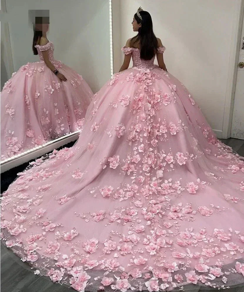 Pink Off Shoulder Ball Gown Quinceanera Dresses 3D Appliques Corset Dress Y6791 - Image 7