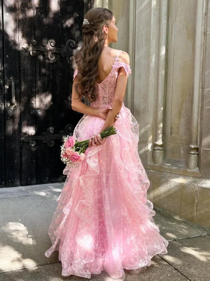 Pink Off Shoulder Fluffy Lace Appliques Floral Long Prom Dress Evening Dress Y7846 - Image 2