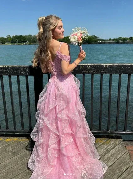 Pink Off Shoulder Fluffy Lace Appliques Floral Long Prom Dress Evening Dress Y7846 - Image 3