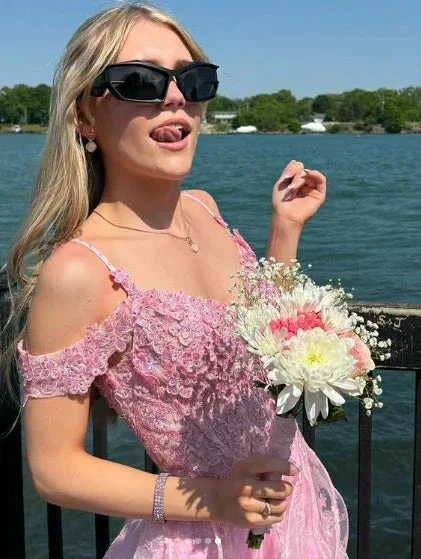 Pink Off Shoulder Fluffy Lace Appliques Floral Long Prom Dress Evening Dress Y7846 - Image 4