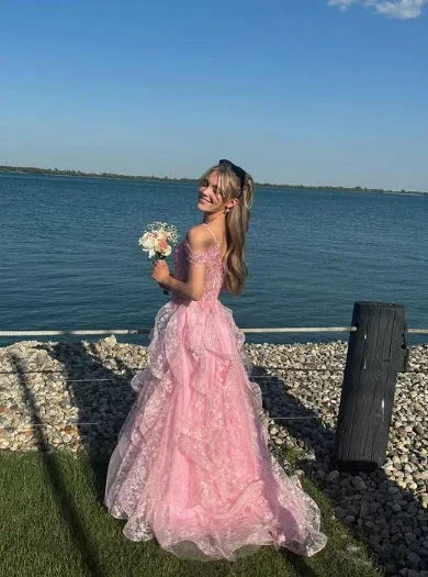 Pink Off Shoulder Fluffy Lace Appliques Floral Long Prom Dress Evening Dress Y7846 - Image 6