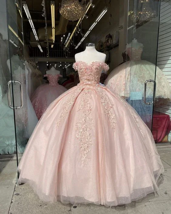 Pink Off Shoulder Lace Appliques Ball Gown Sweet 16 Dress  Y2735 - Image 2