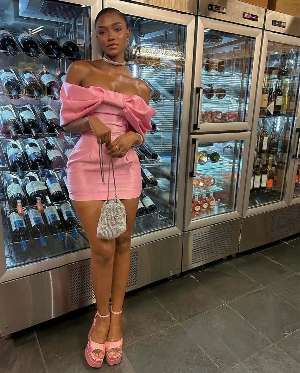 Pink Off The Shoulder Homecoming Dress Chic Pink Party Dress Y2262 - Image 3