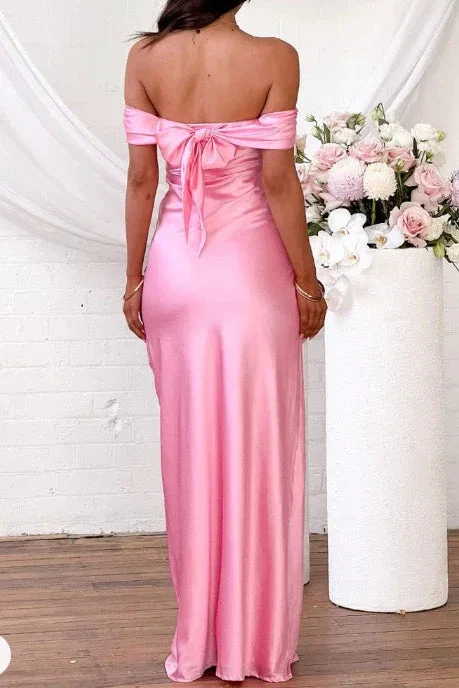 Pink Off The Shoulder Satin Long Prom Evening Dress Y8093 - Image 2