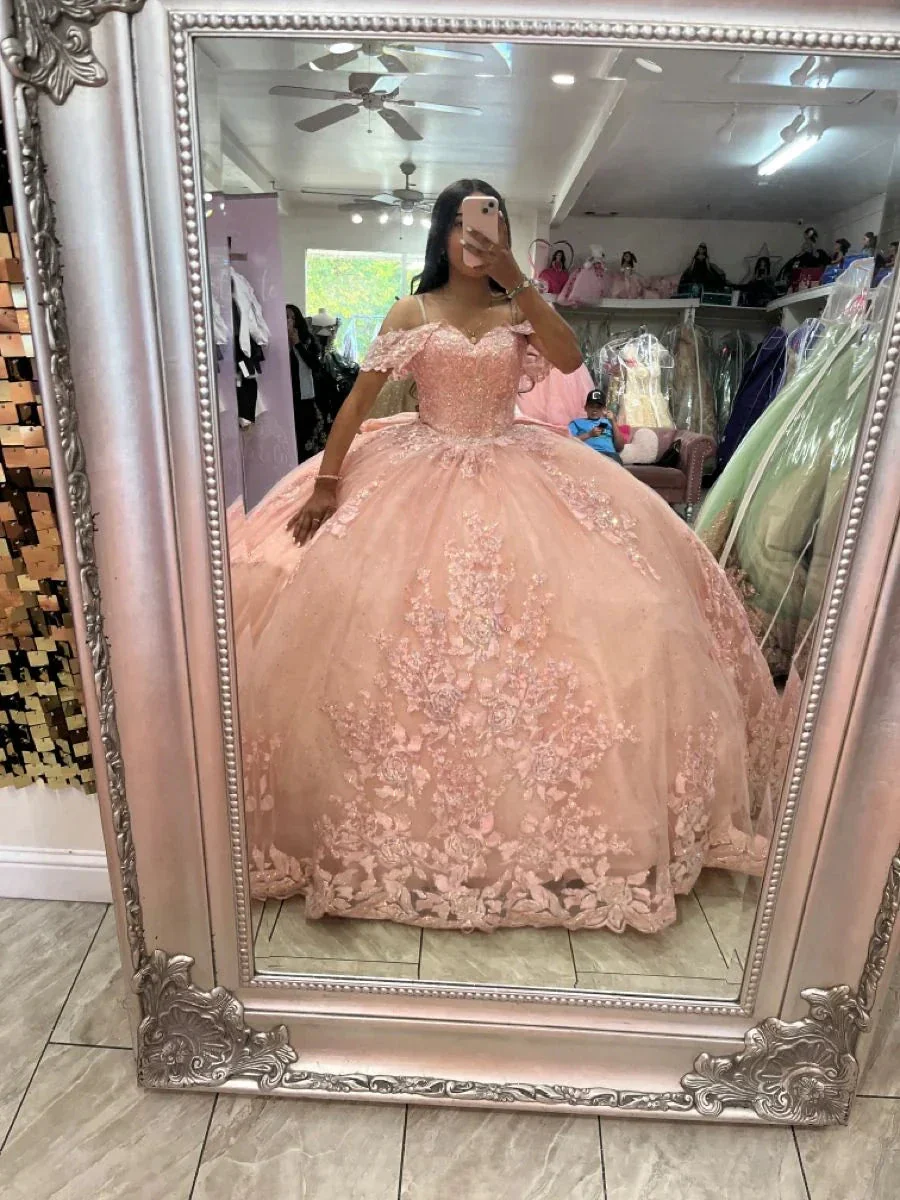 Pink Off The Shoulder Tulle Appliques Ball Gown,Pink Sweet 16 Dress Y6091 - Image 2