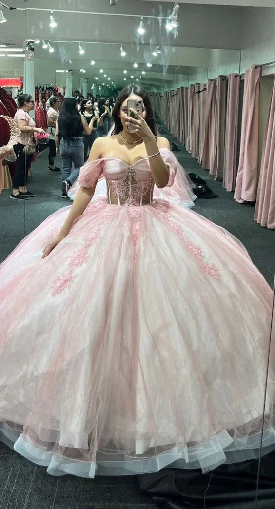 Pink Off The Shoulder Tulle Ball Gown,Pink Sweet 16 Dress Y5468 - Image 2
