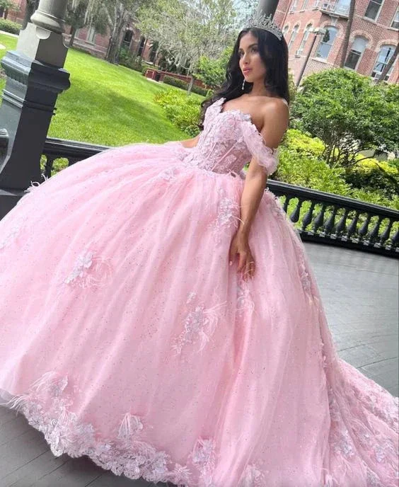 Pink Off The Shoulder Tulle Ball Gown Sweet 16 Dress  Y2610 - Image 2