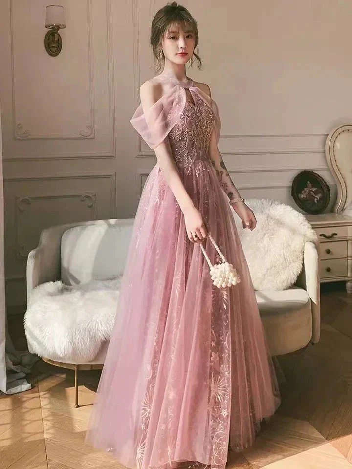 Pink party dress, halter neck prom dress, sweet fairy evening dress Y1918 - Image 2