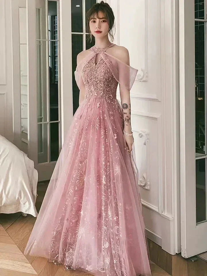 Pink party dress, halter neck prom dress, sweet fairy evening dress Y1918 - Image 3